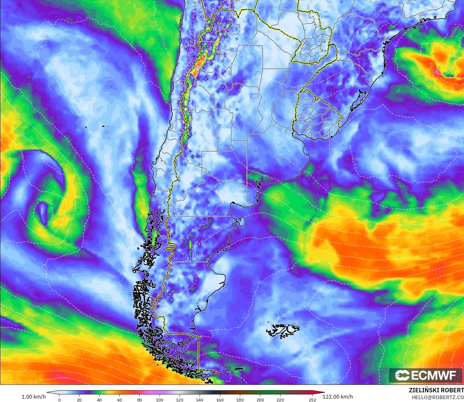 ECMWF IFS 0.25° model - Argentina, Wind Gusts