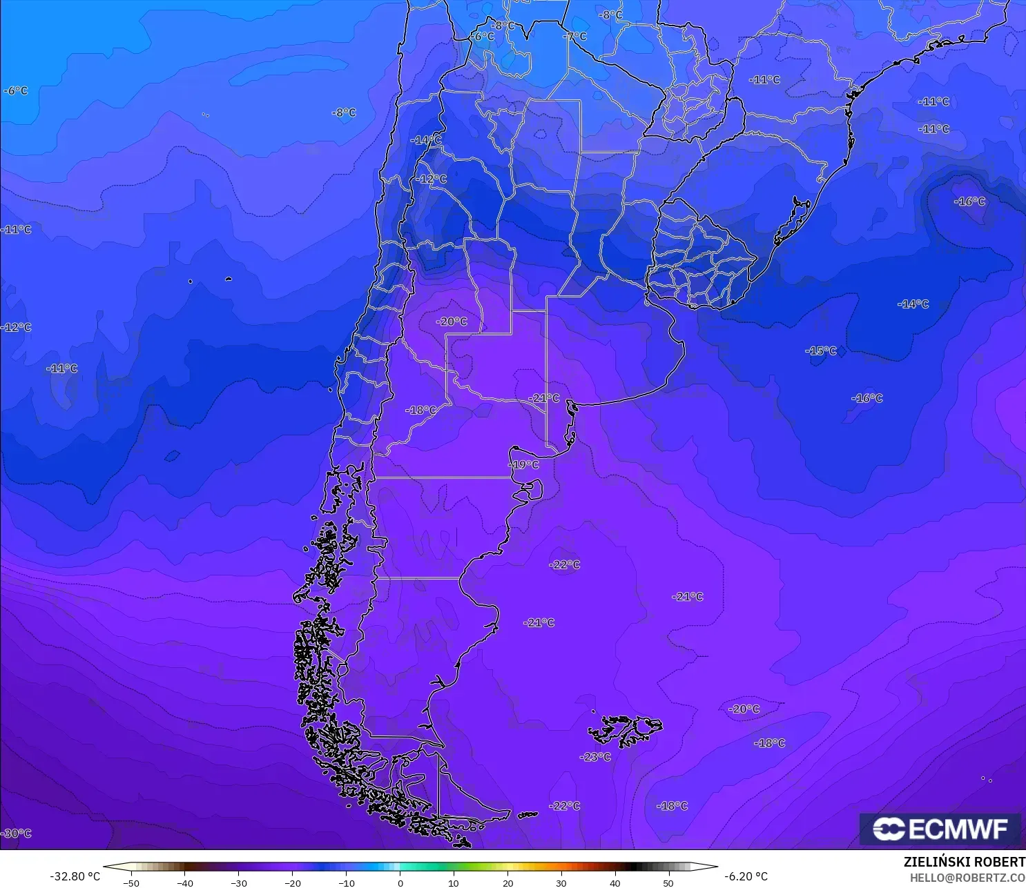 ECMWF IFS 0.25° model - Argentina, Temperature at 500hPa