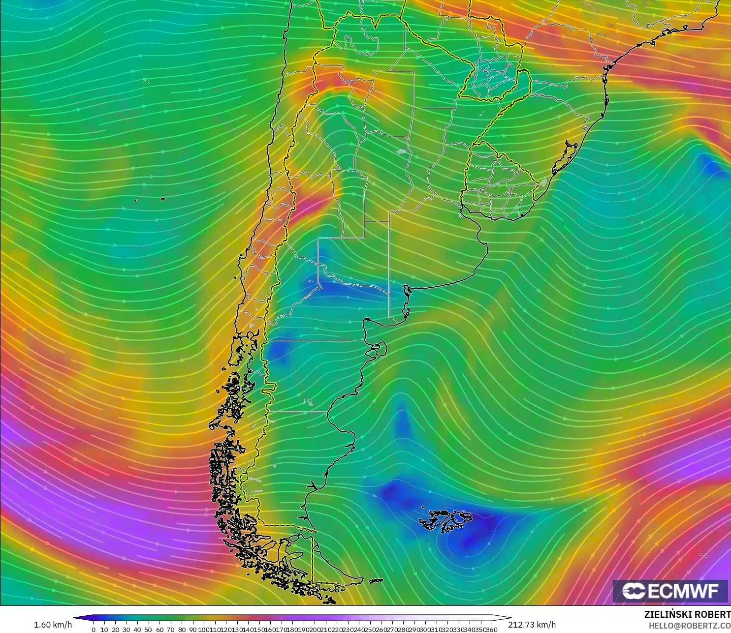 ECMWF IFS 0.25° model - Argentina, Wind at 300hPa (jet stream)