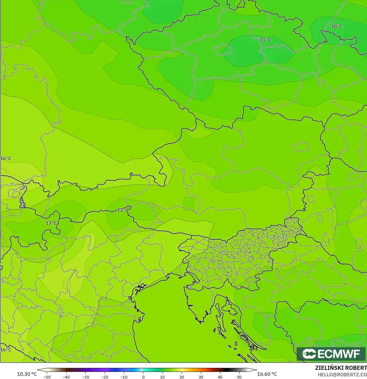 ECMWF IFS 0.25° model - Austria, Temperature at 850hPa