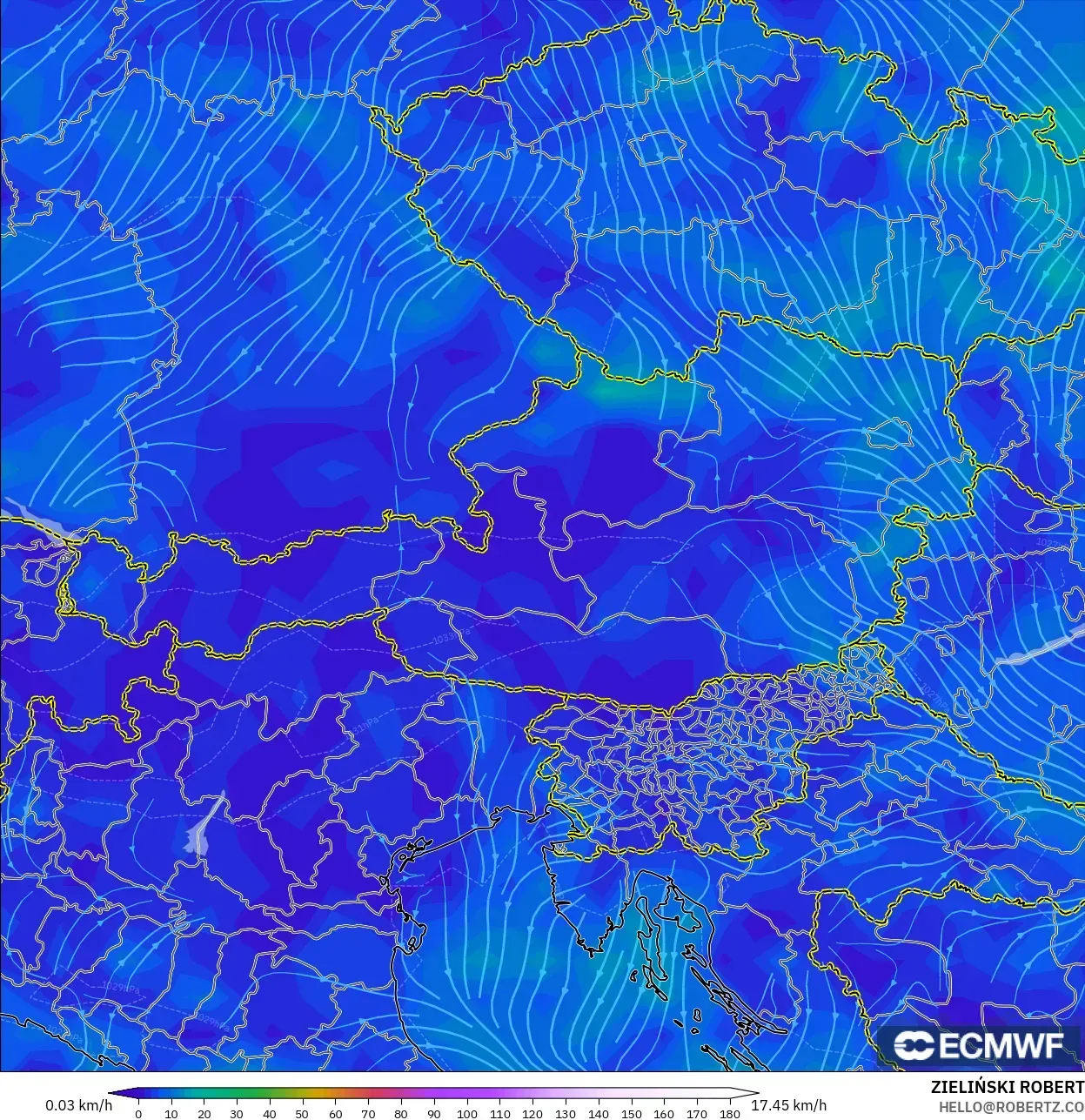 ECMWF IFS 0.25° model - Austria, Wind at 10m