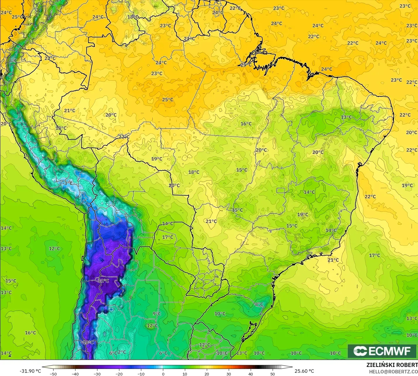 ECMWF IFS 0.25° model - Brazil, Dewpoint at 2m