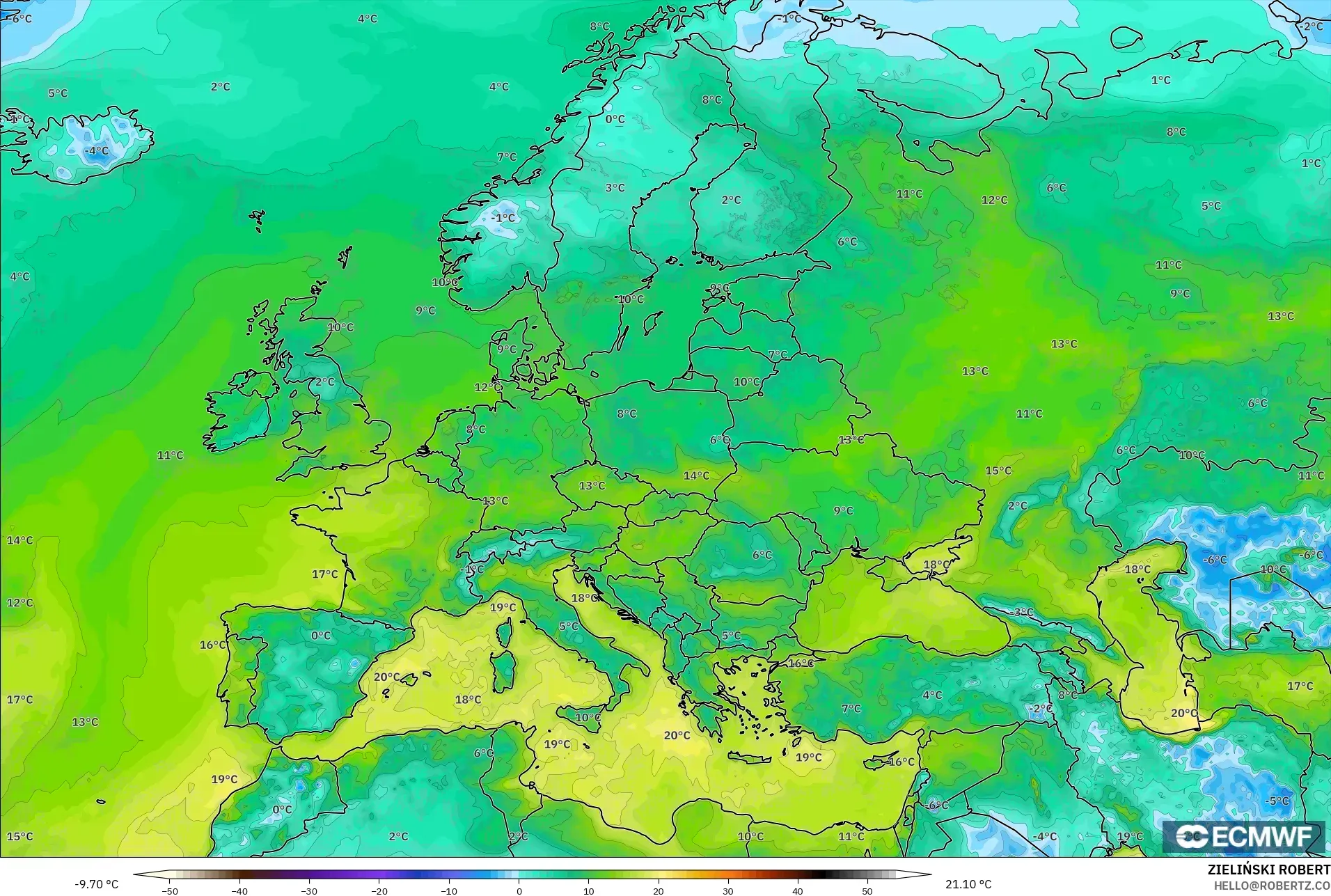 ECMWF IFS 0.25° model - Europe, Dewpoint at 2m