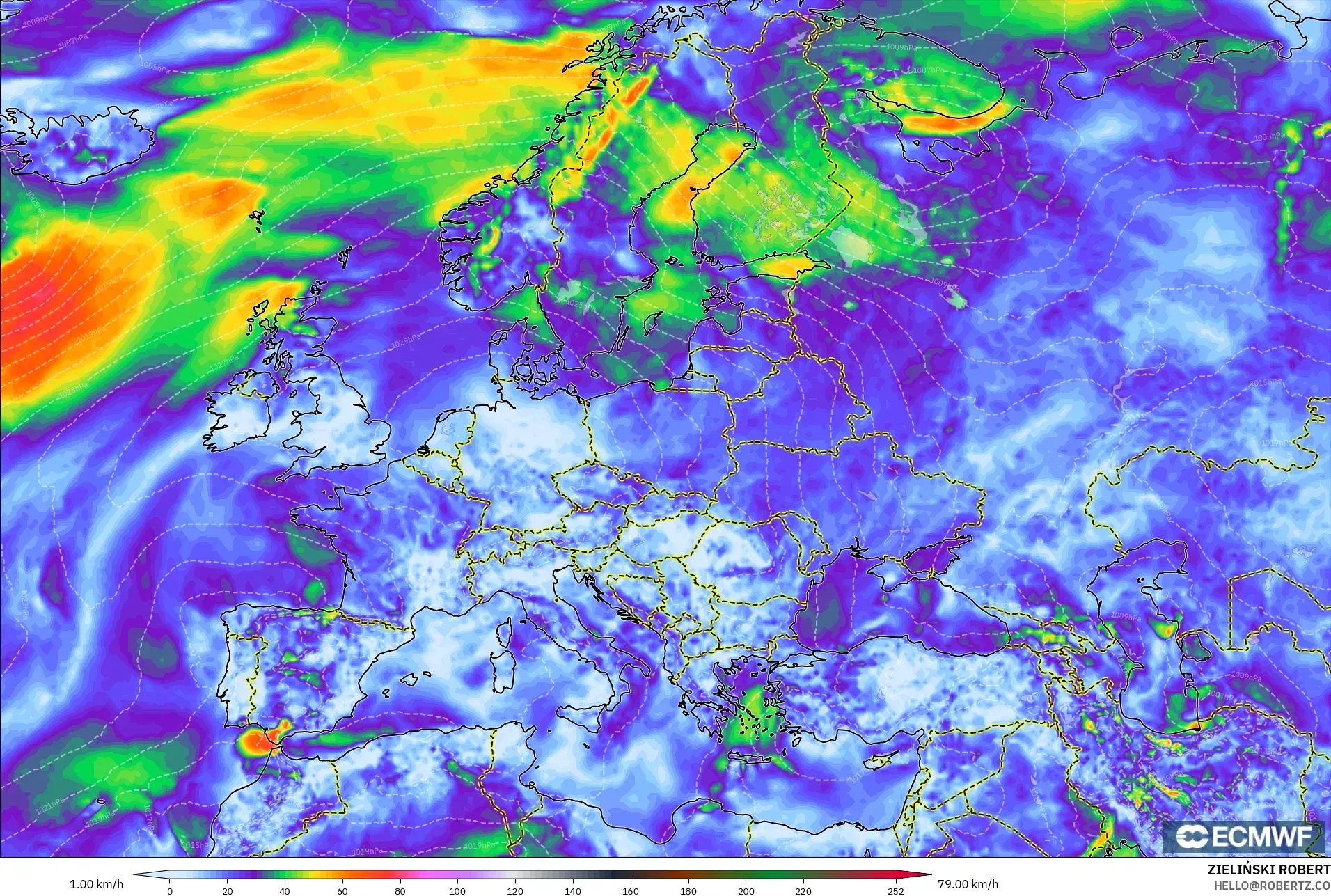 ECMWF IFS 0.25° model - Europe, Wind Gusts