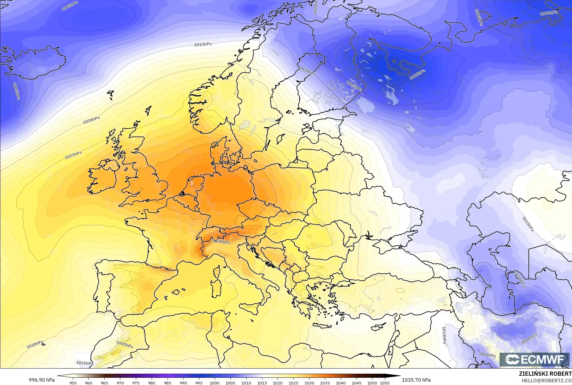 ECMWF IFS 0.25° model - Europe, Pressure