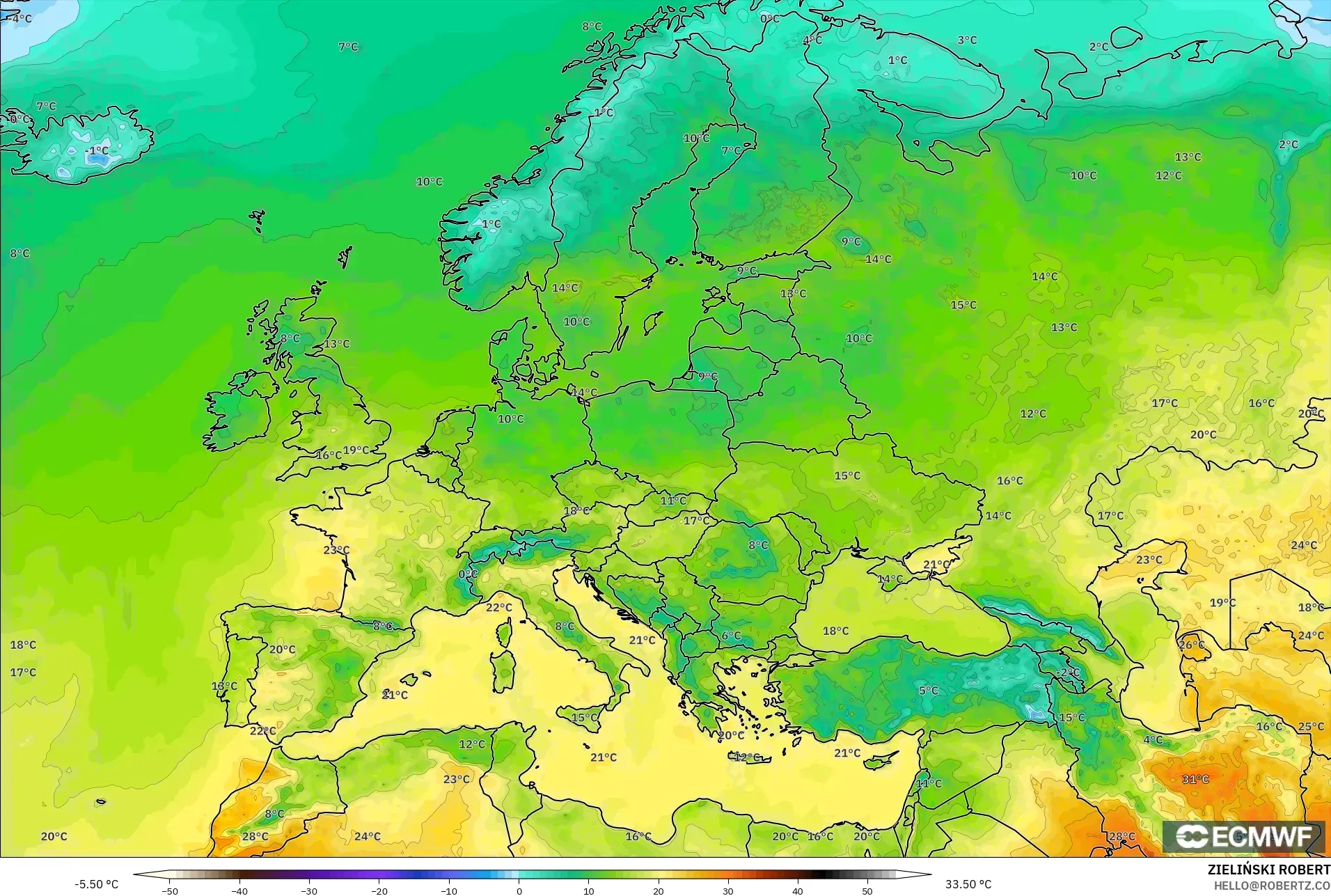 ECMWF IFS 0.25° model - Europe, Temperature at 2m