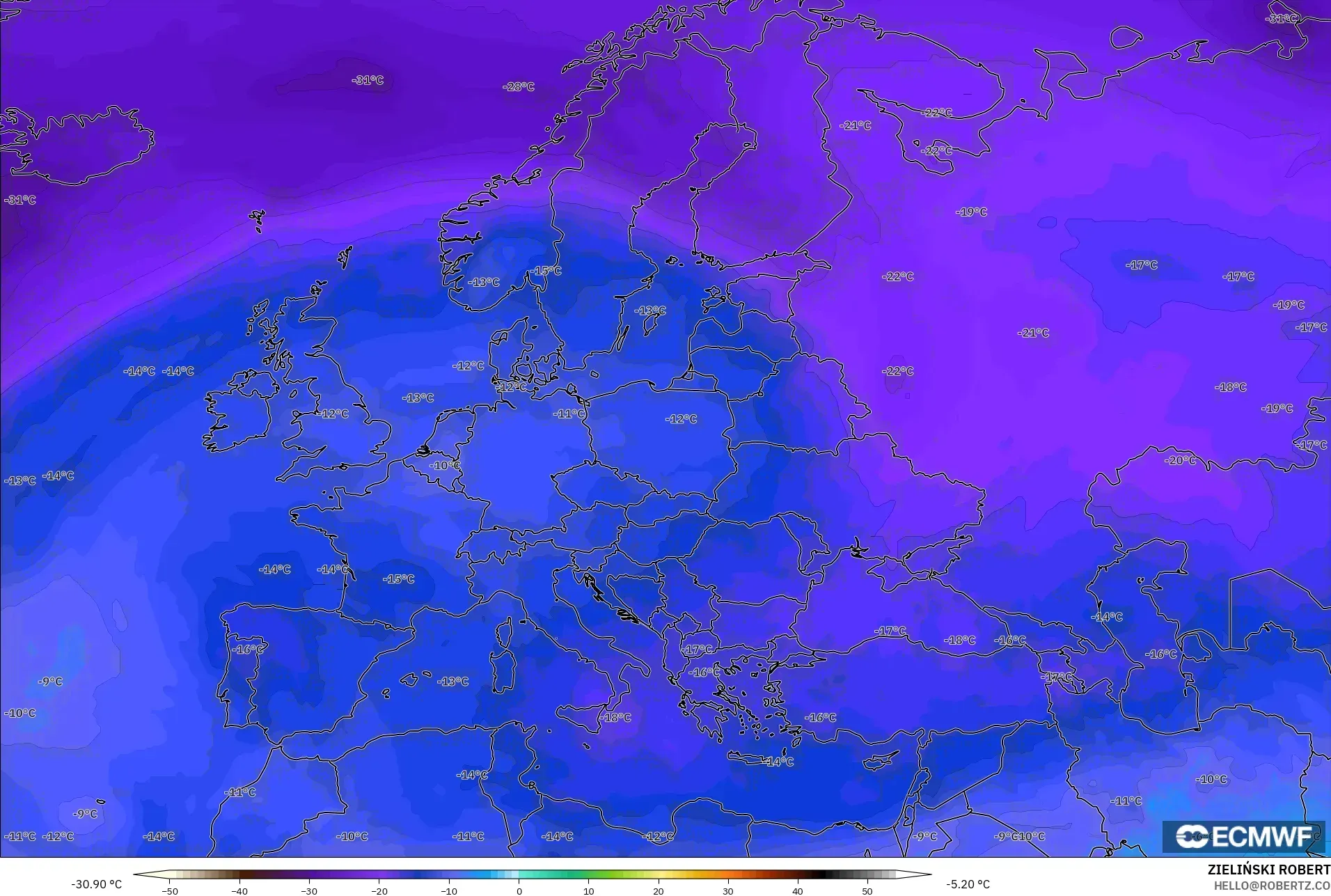 ECMWF IFS 0.25° model - Europe, Temperature at 500hPa