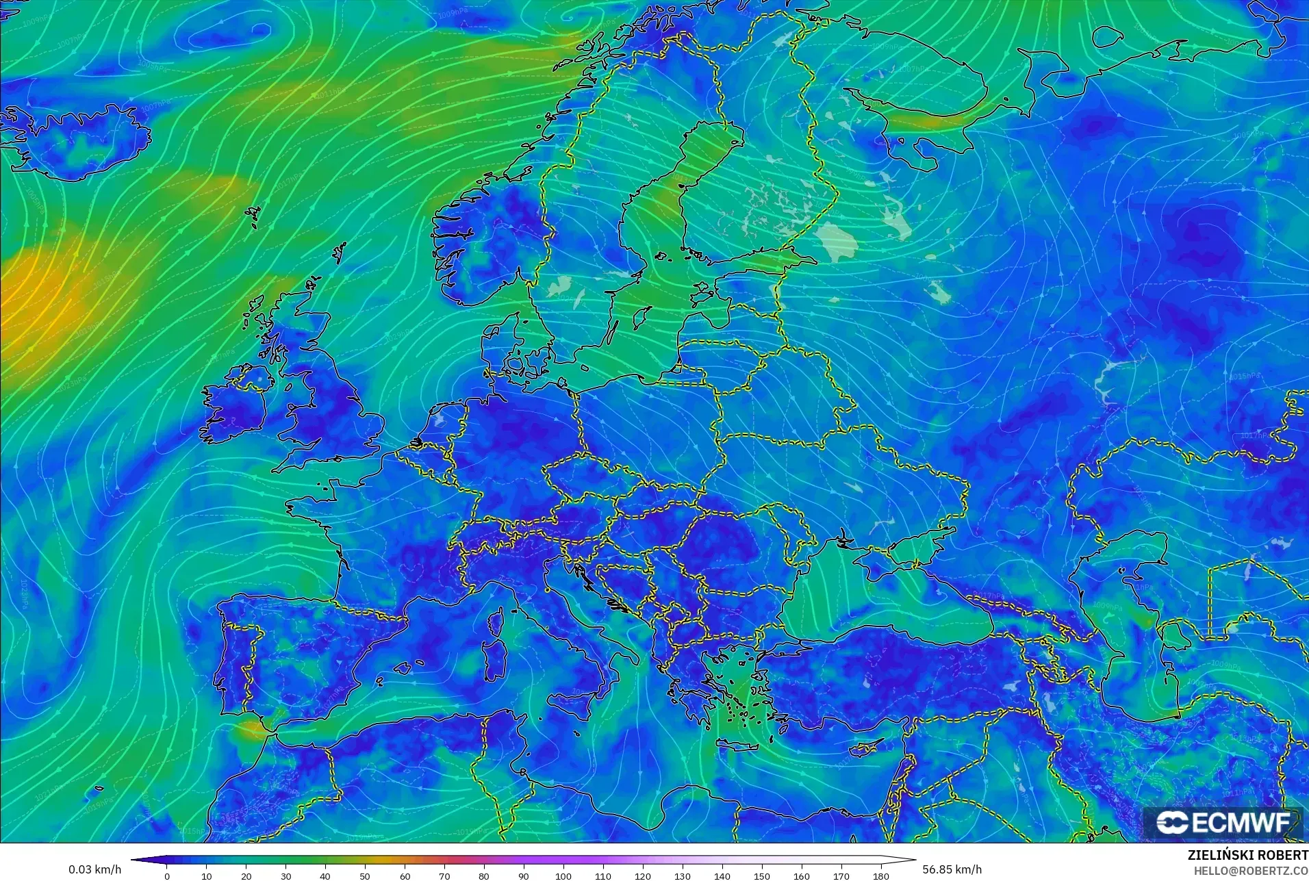 ECMWF IFS 0.25° model - Europe, Wind at 10m