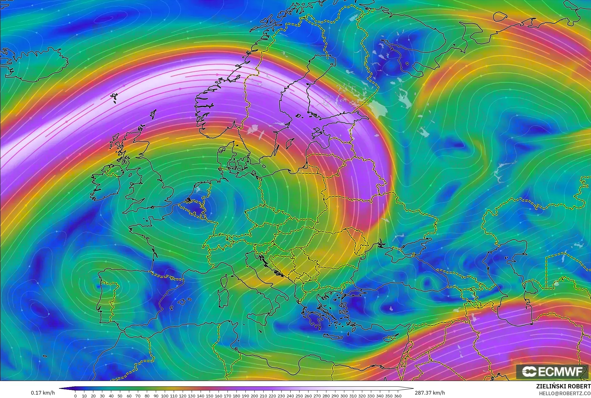 ECMWF IFS 0.25° model - Europe, Wind at 300hPa (jet stream)
