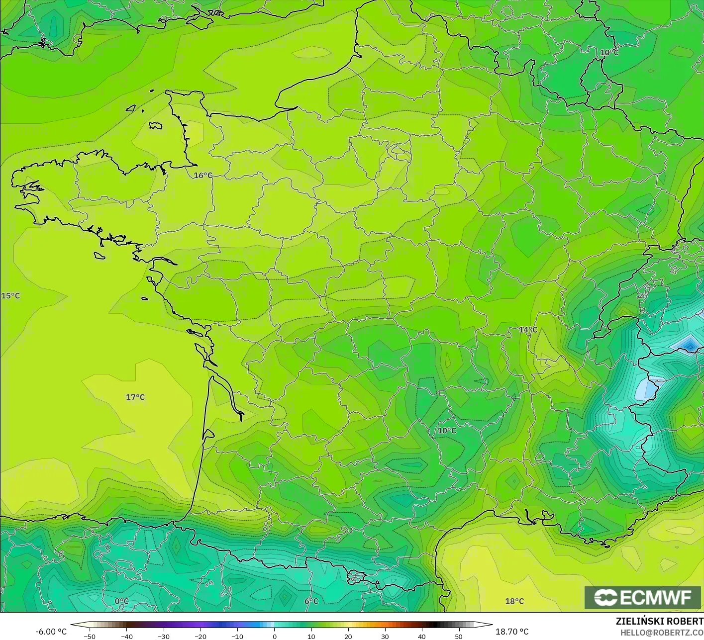 ECMWF IFS 0.25° model - France, Dewpoint at 2m
