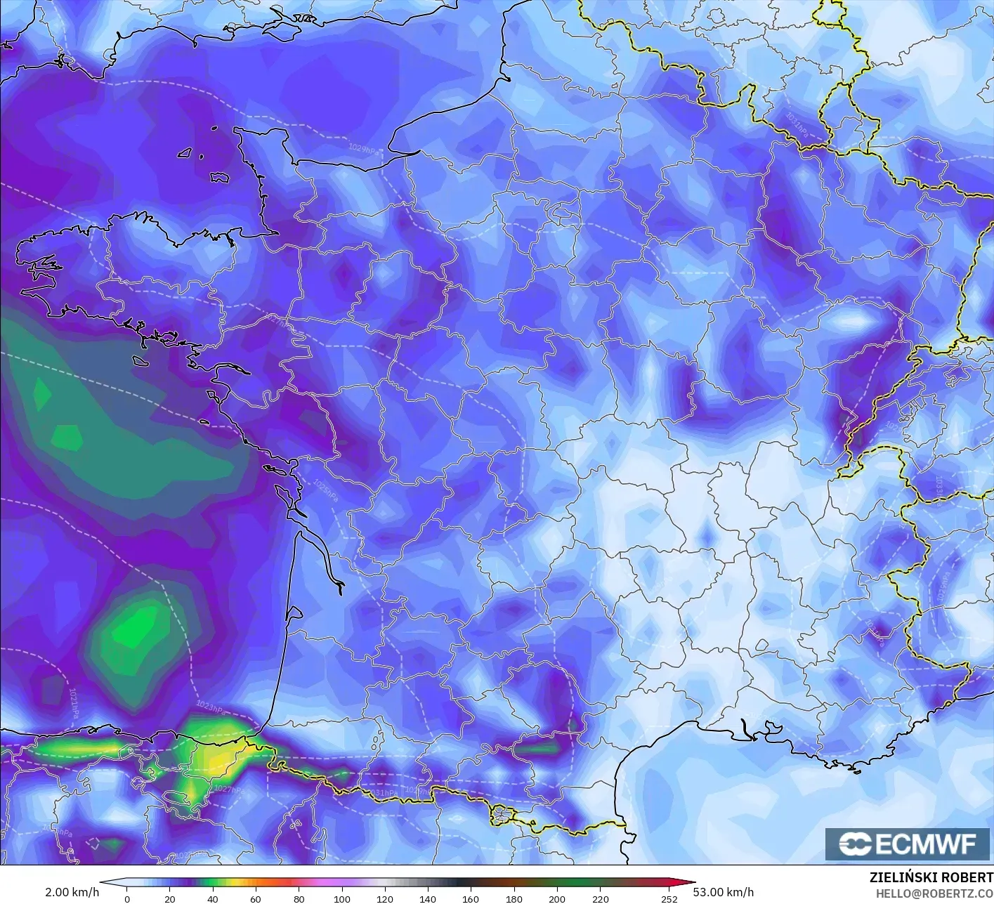 ECMWF IFS 0.25° model - France, Wind Gusts