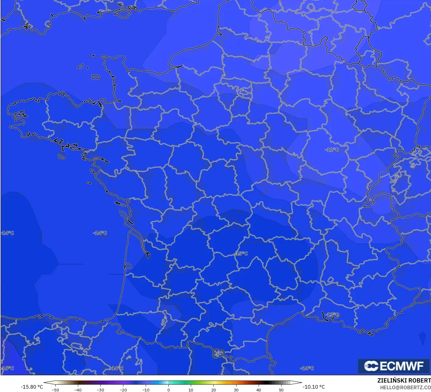 ECMWF IFS 0.25° model - France, Temperature at 500hPa