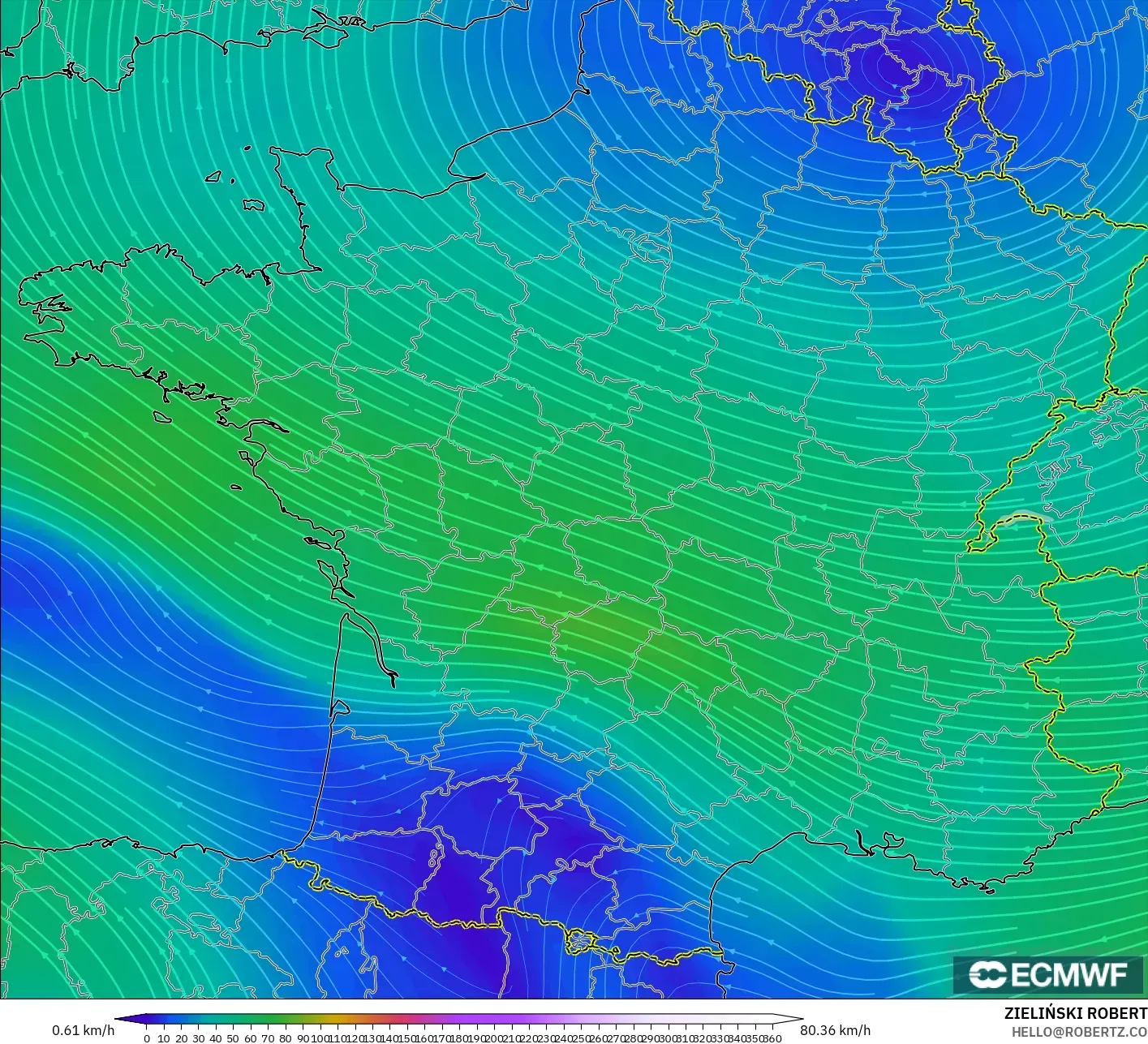ECMWF IFS 0.25° model - France, Wind at 300hPa (jet stream)