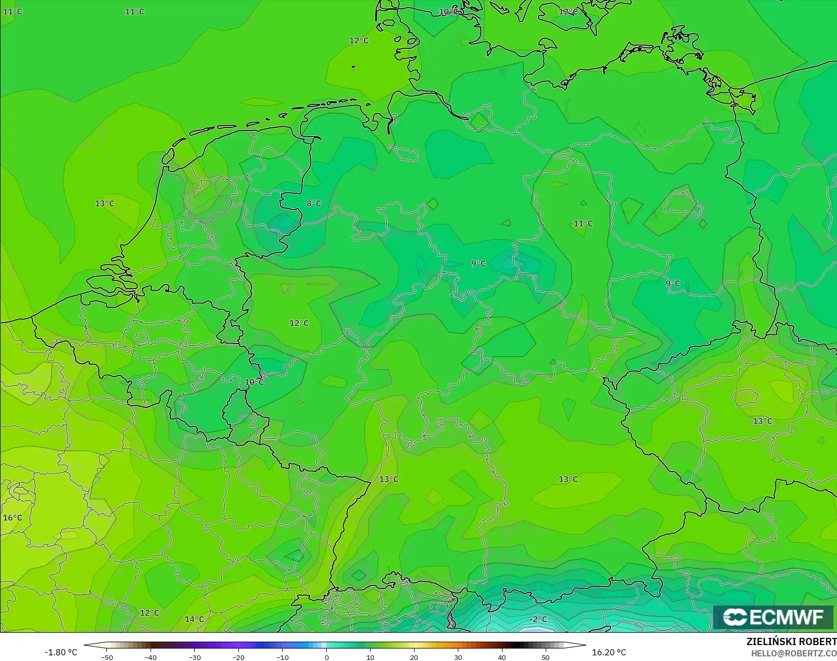 ECMWF IFS 0.25° model - Germany, Dewpoint at 2m