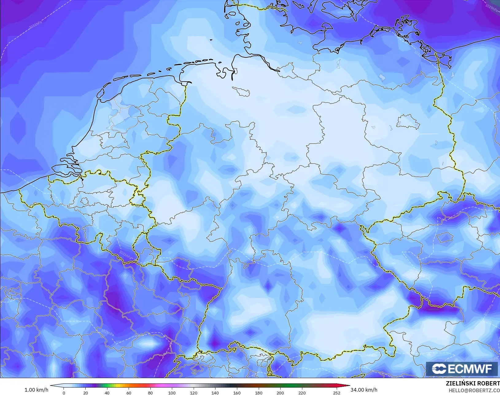 ECMWF IFS 0.25° model - Germany, Wind Gusts Peak