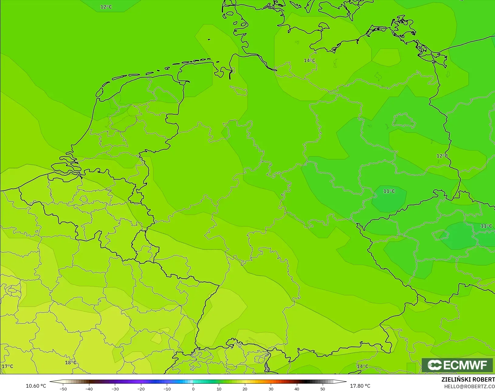 ECMWF IFS 0.25° model - Germany, Temperature at 850hPa