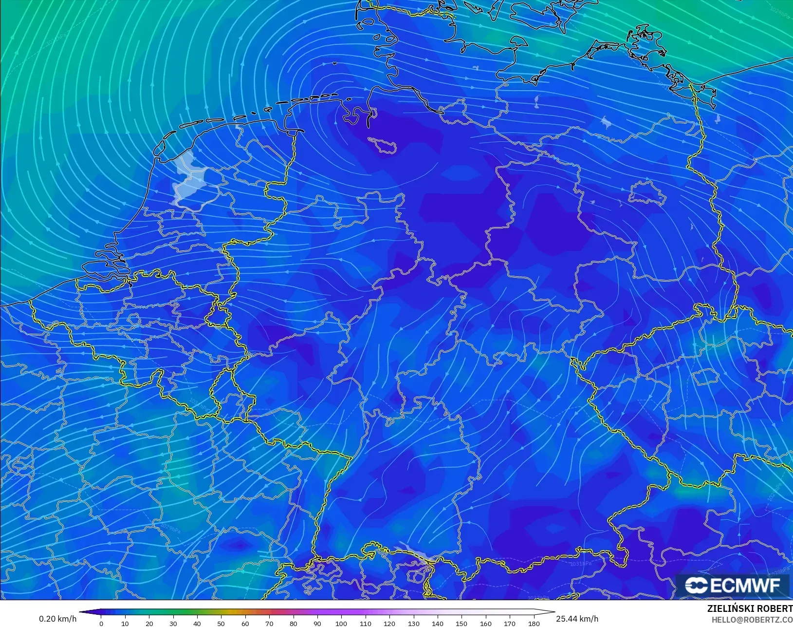 ECMWF IFS 0.25° model - Germany, Wind at 10m