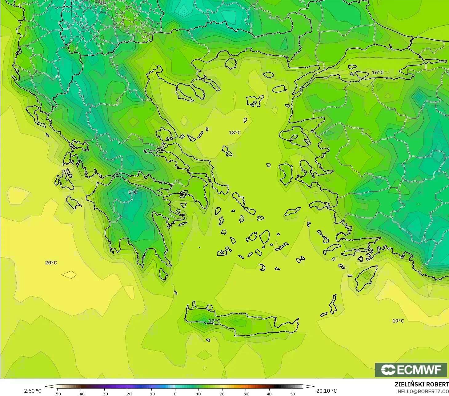 ECMWF IFS 0.25° model - Greece, Dewpoint at 2m