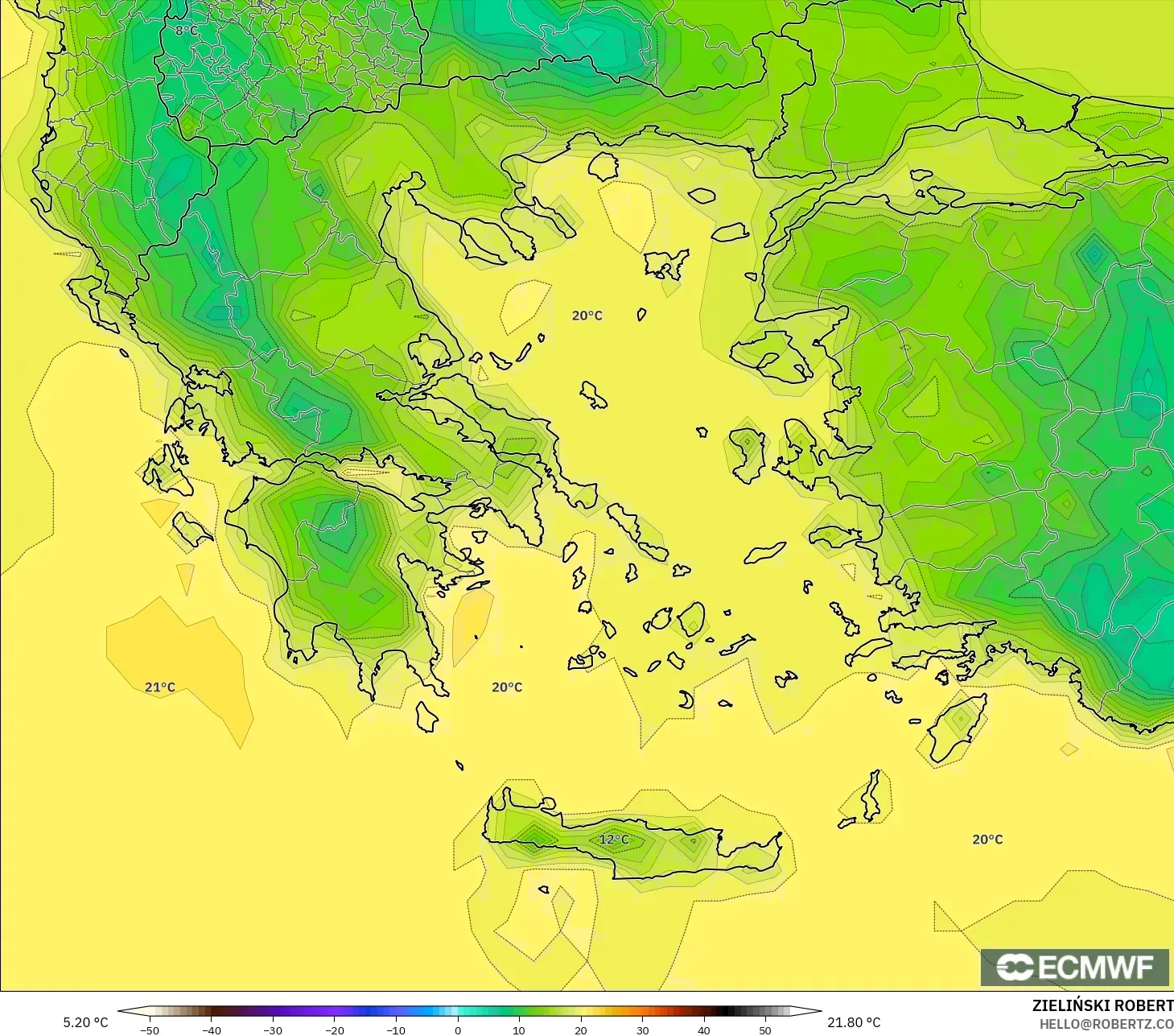 ECMWF IFS 0.25° model - Greece, Temperature at 2m