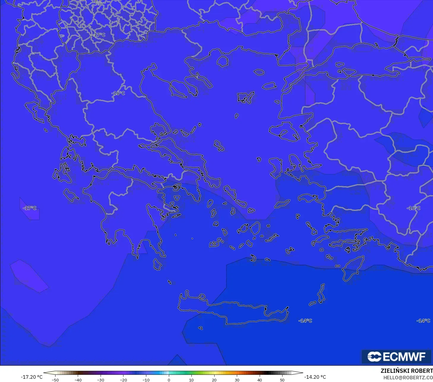 ECMWF IFS 0.25° model - Greece, Temperature at 500hPa