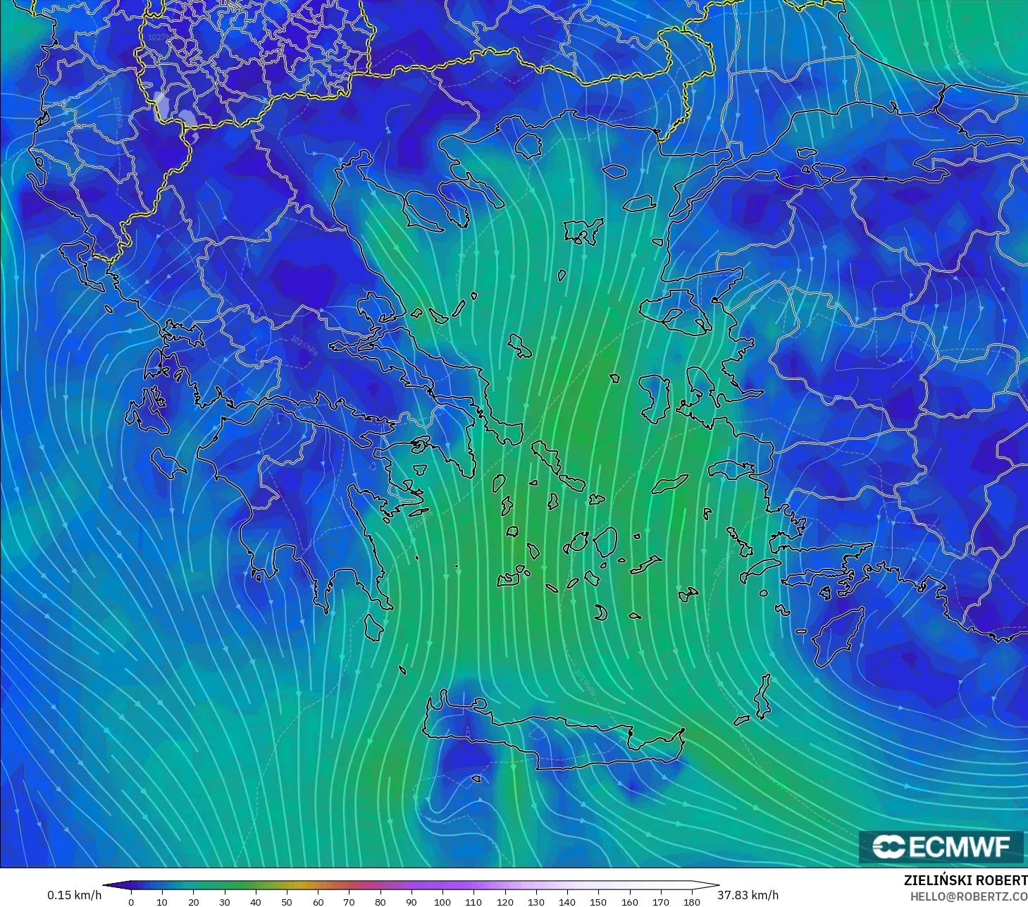 ECMWF IFS 0.25° model - Greece, Wind at 10m