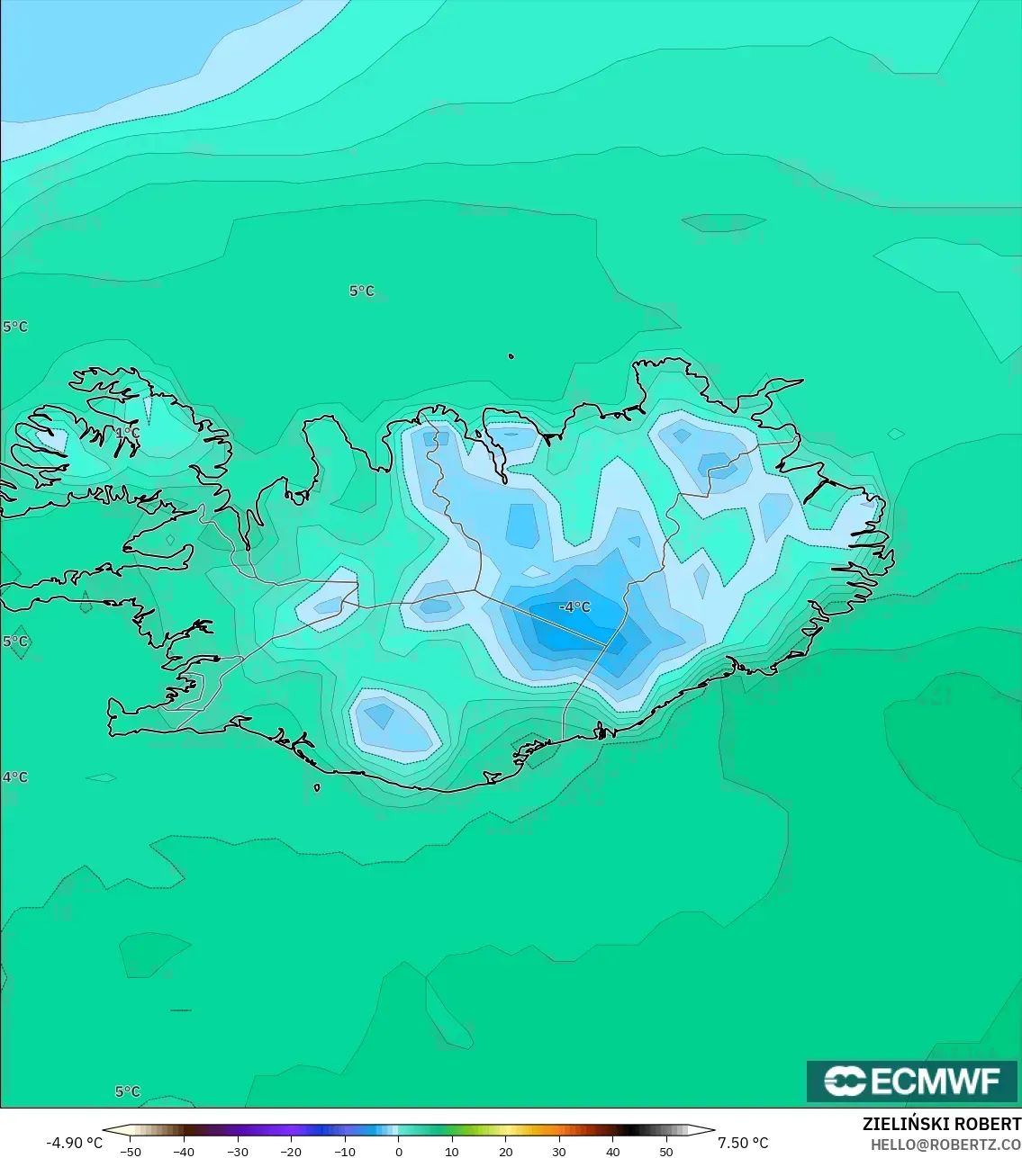 ECMWF IFS 0.25° model - Iceland, Dewpoint at 2m