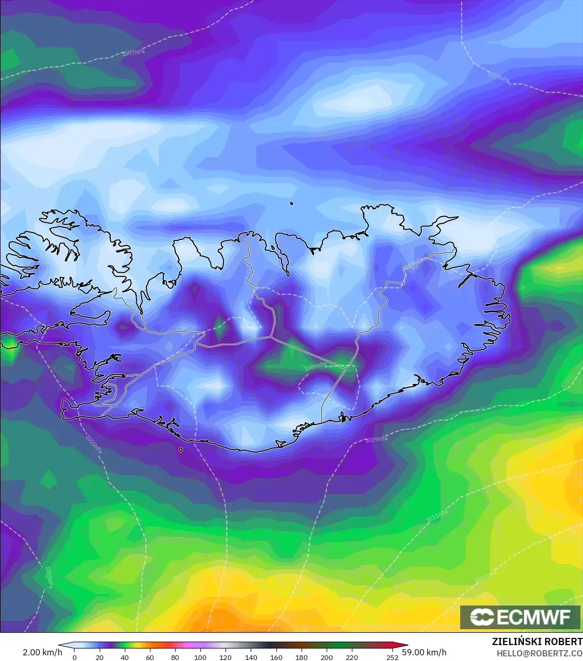 ECMWF IFS 0.25° model - Iceland, Wind Gusts