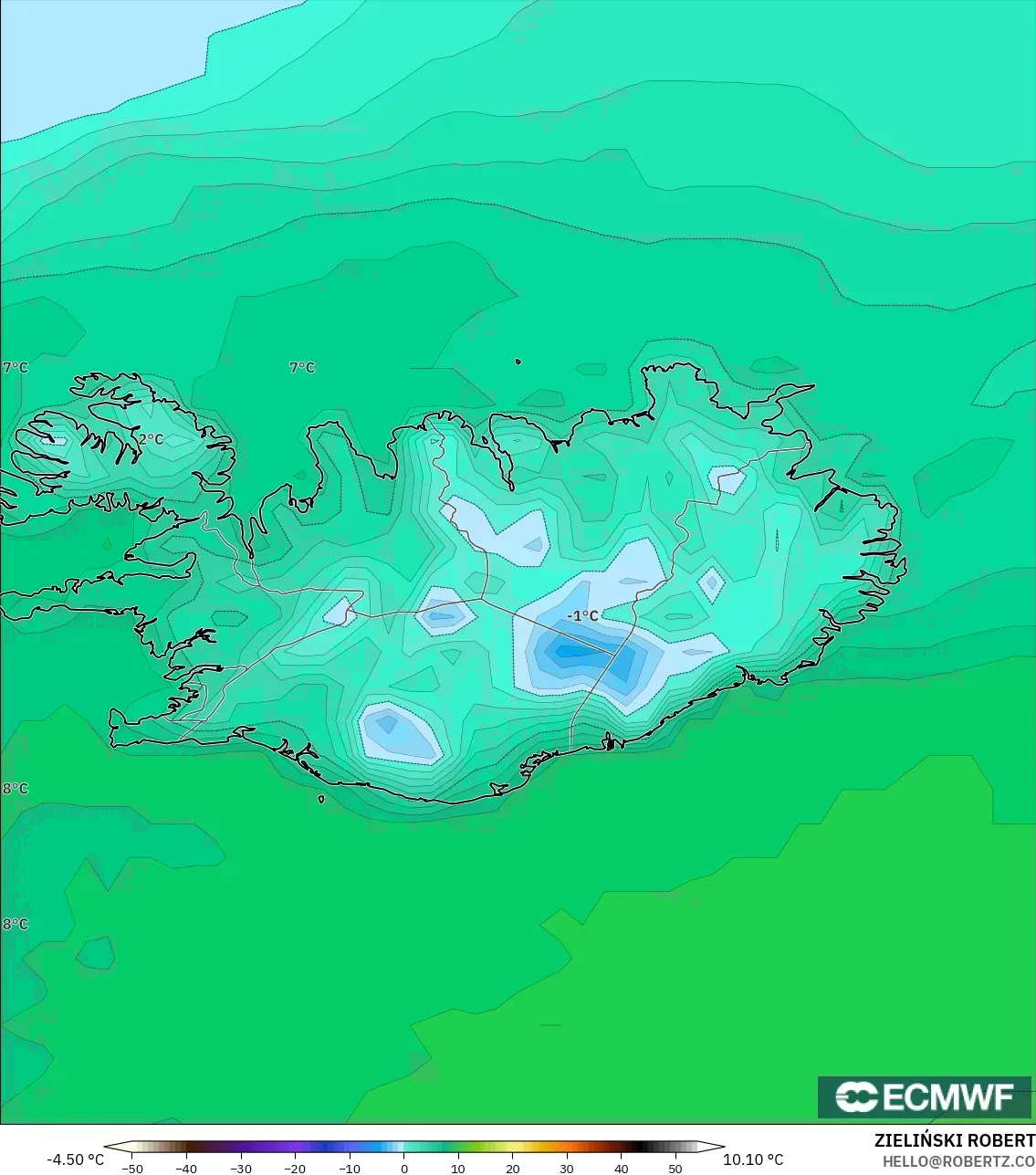 ECMWF IFS 0.25° model - Iceland, Temperature at 2m
