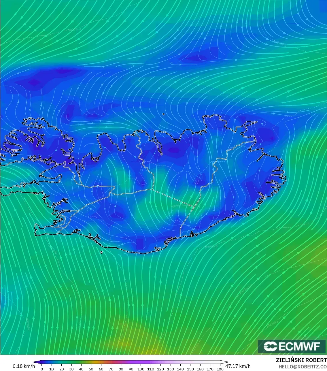 ECMWF IFS 0.25° model - Iceland, Wind at 10m