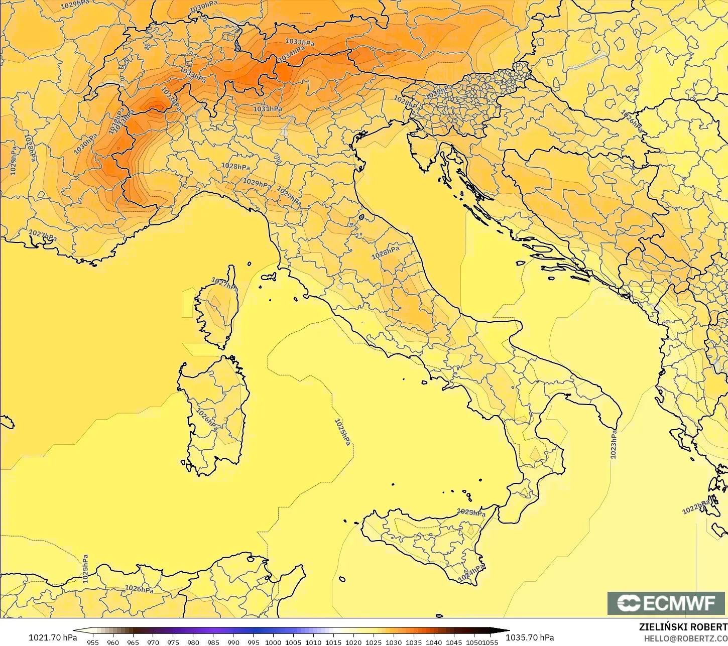 ECMWF IFS 0.25° model - Italy, Pressure
