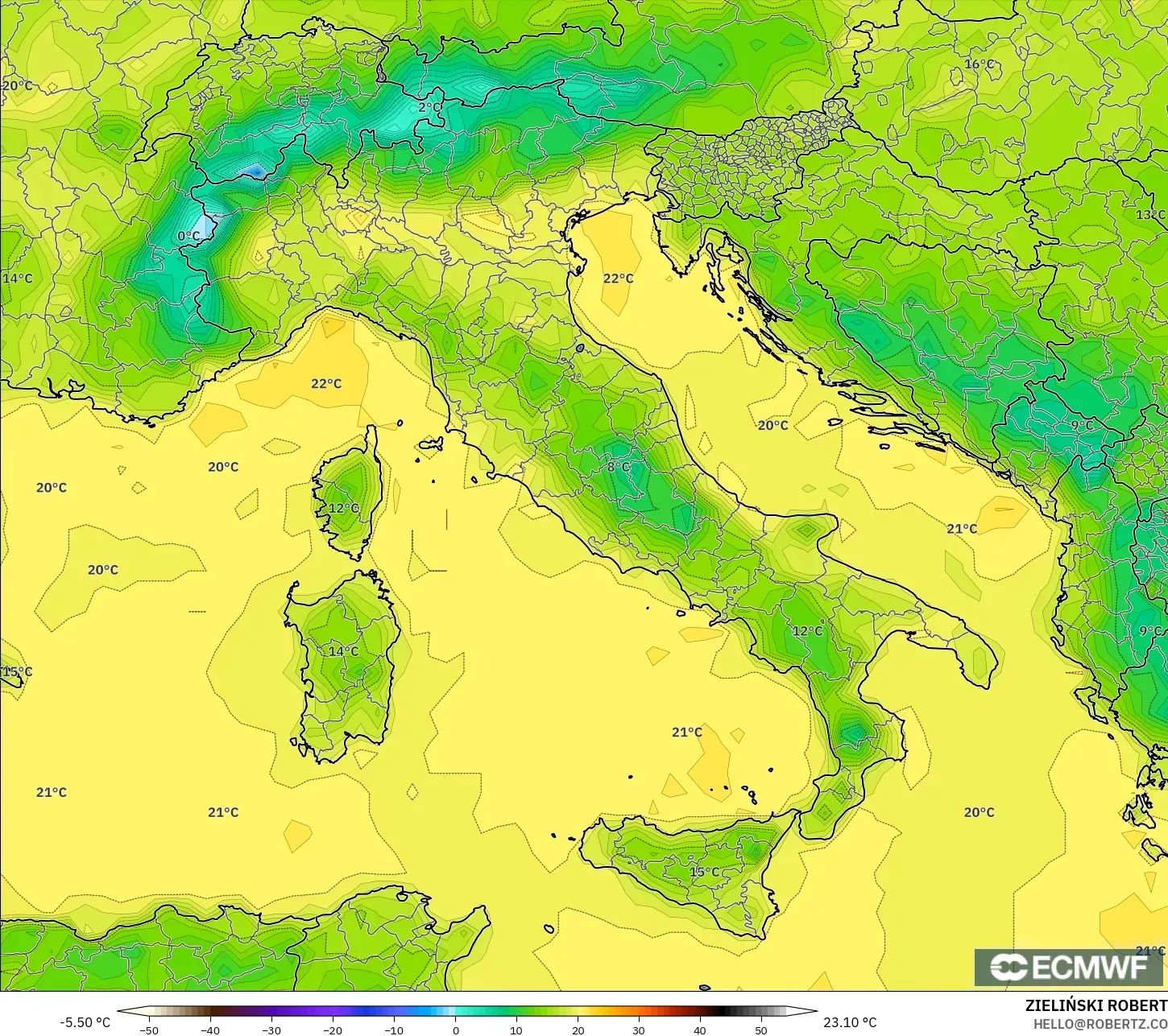ECMWF IFS 0.25° model - Italy, Temperature at 2m