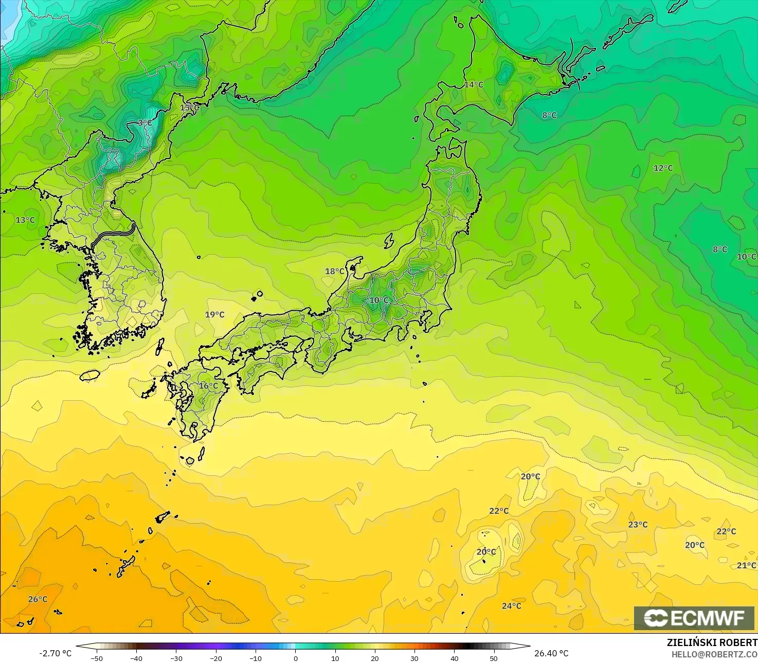 ECMWF IFS 0.25° model - Japan, Dewpoint at 2m