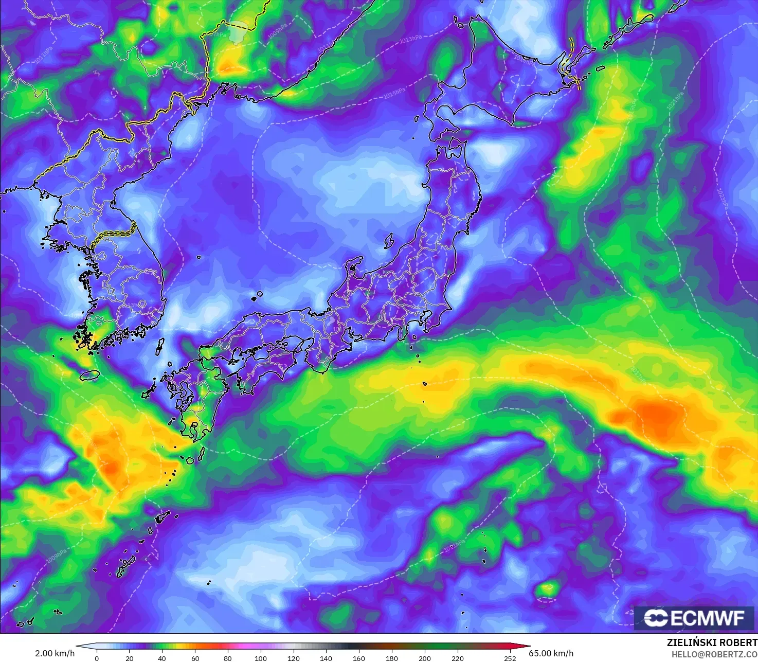 ECMWF IFS 0.25° model - Japan, Wind Gusts Peak