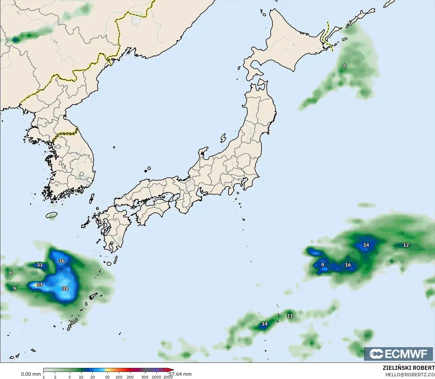 ECMWF IFS 0.25° model - Japan, Precipitation Accumulation