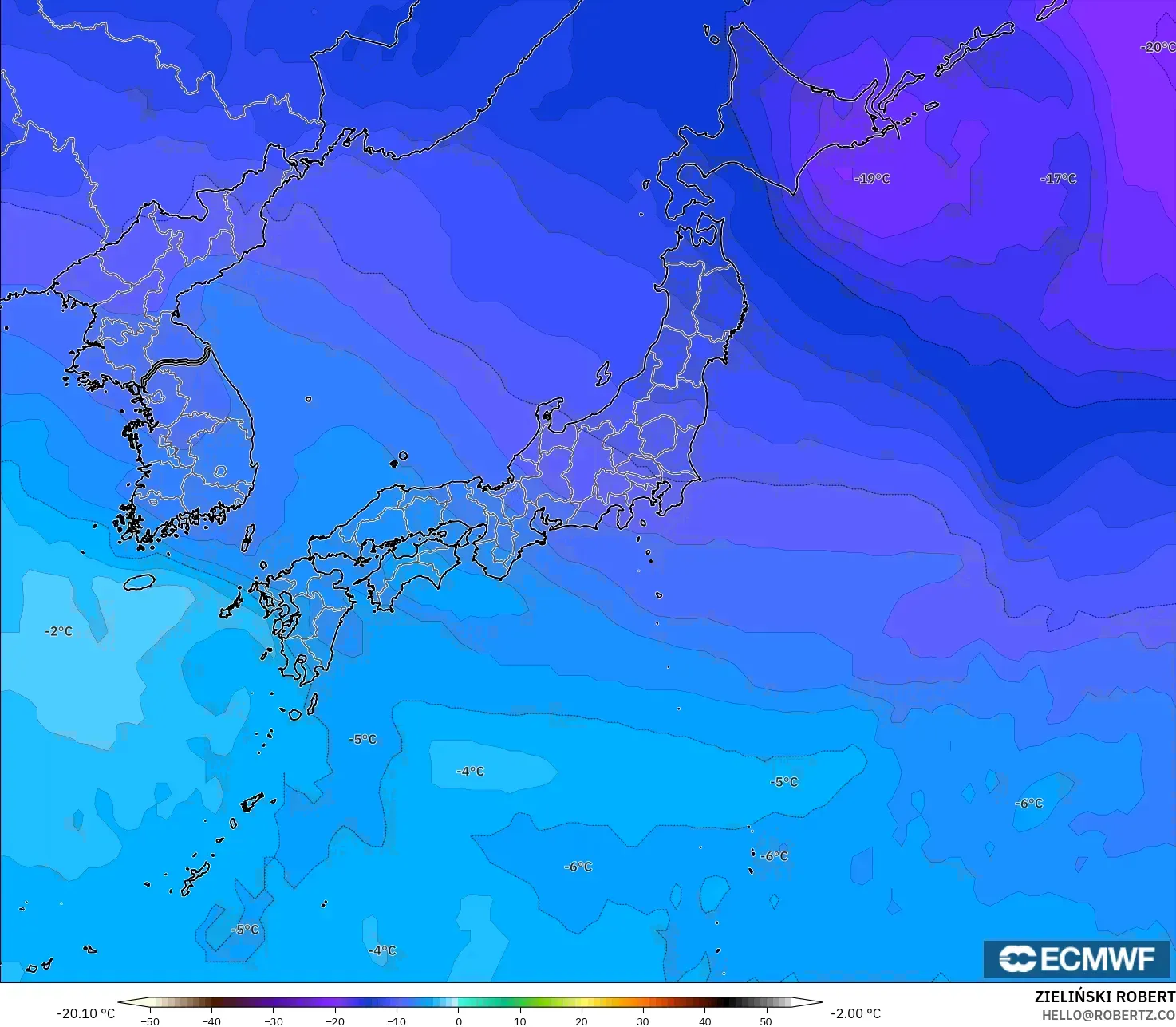 ECMWF IFS 0.25° model - Japan, Temperature at 500hPa