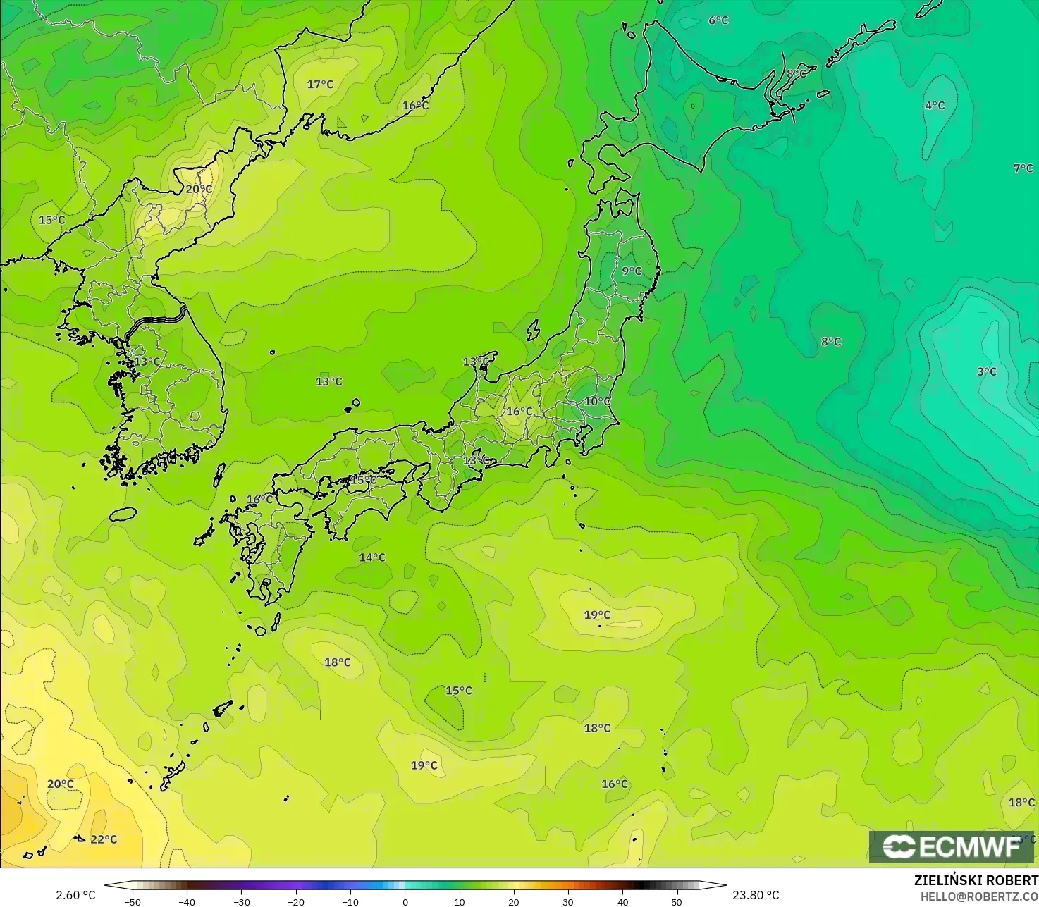 ECMWF IFS 0.25° model - Japan, Temperature at 850hPa