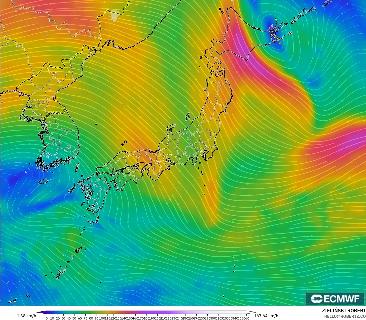 ECMWF IFS 0.25° model - Japan, Wind at 300hPa (jet stream)