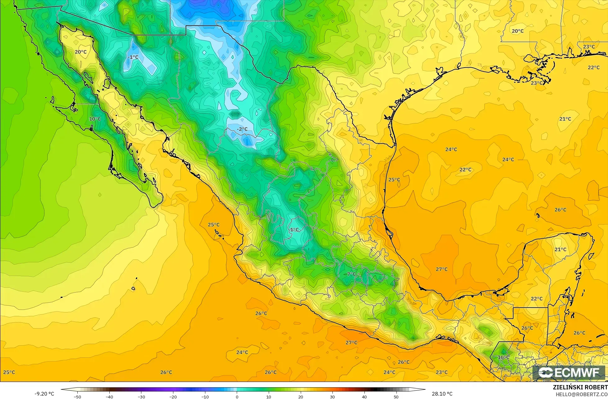 ECMWF IFS 0.25° model - Mexico, Dewpoint at 2m
