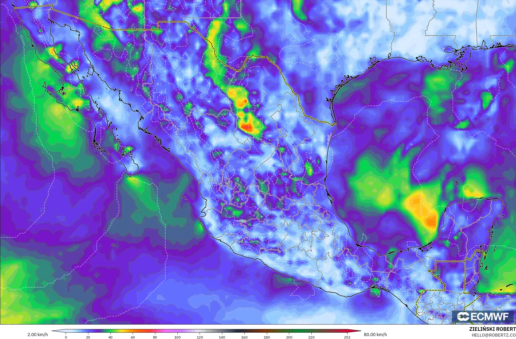 ECMWF IFS 0.25° model - Mexico, Wind Gusts Peak