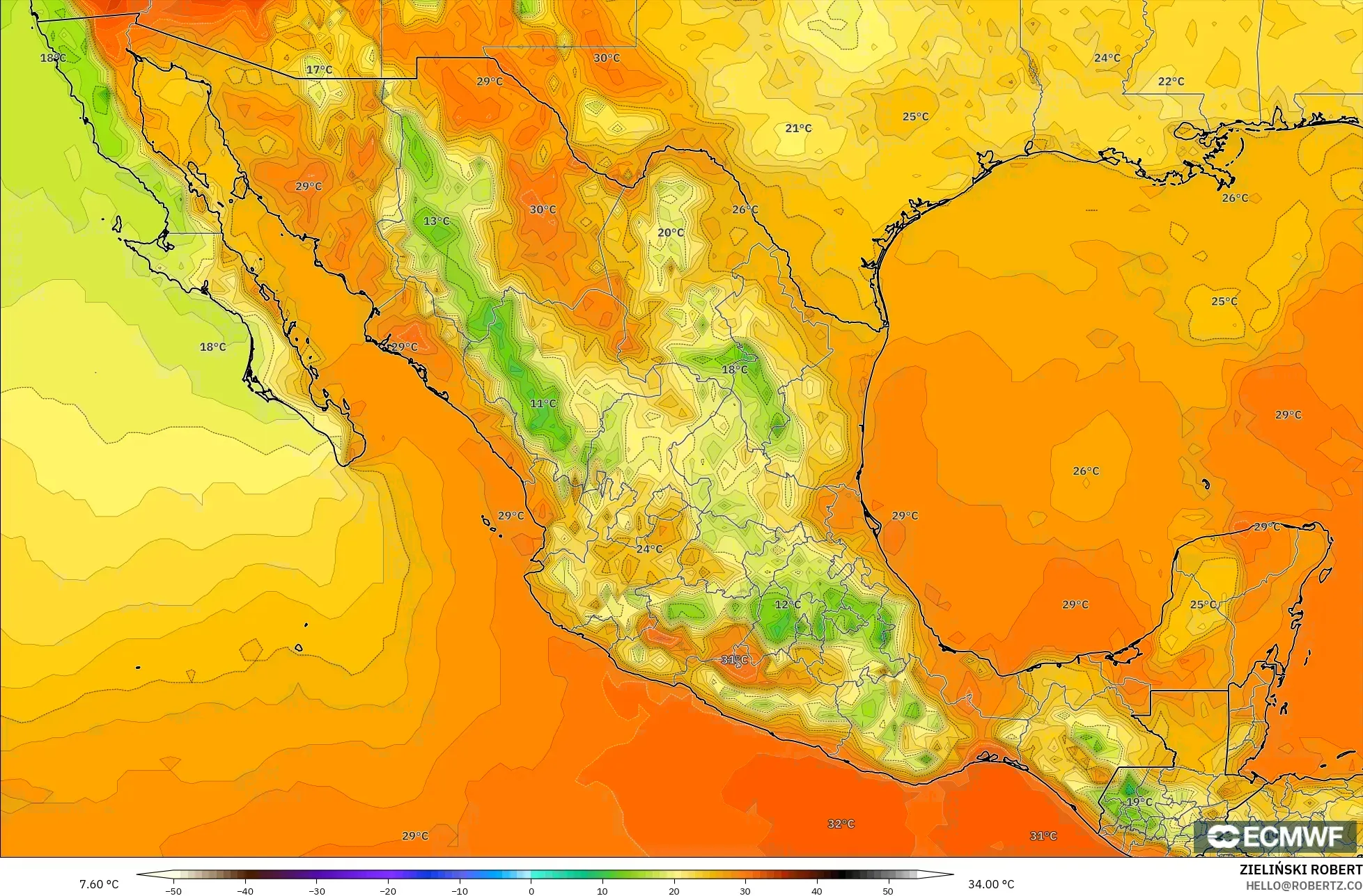 ECMWF IFS 0.25° model - Mexico, Temperature at 2m