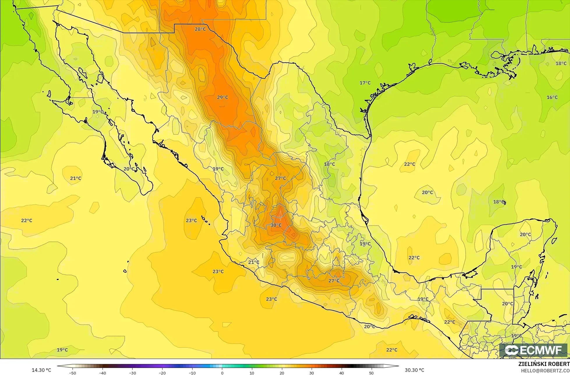 ECMWF IFS 0.25° model - Mexico, Temperature at 850hPa