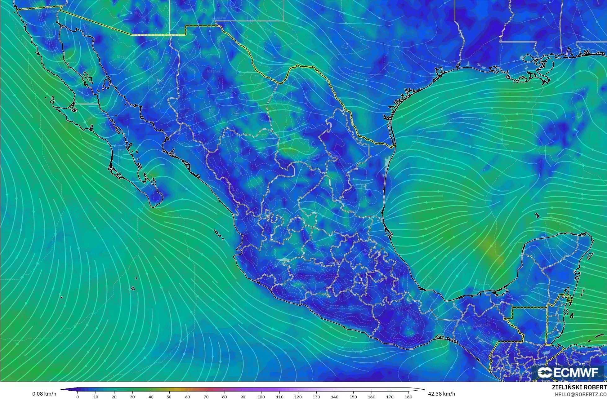 ECMWF IFS 0.25° model - Mexico, Wind at 10m
