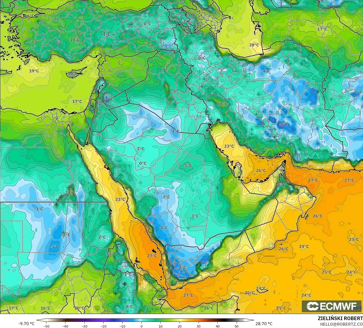 ECMWF IFS 0.25° model - Middle East, Dewpoint at 2m