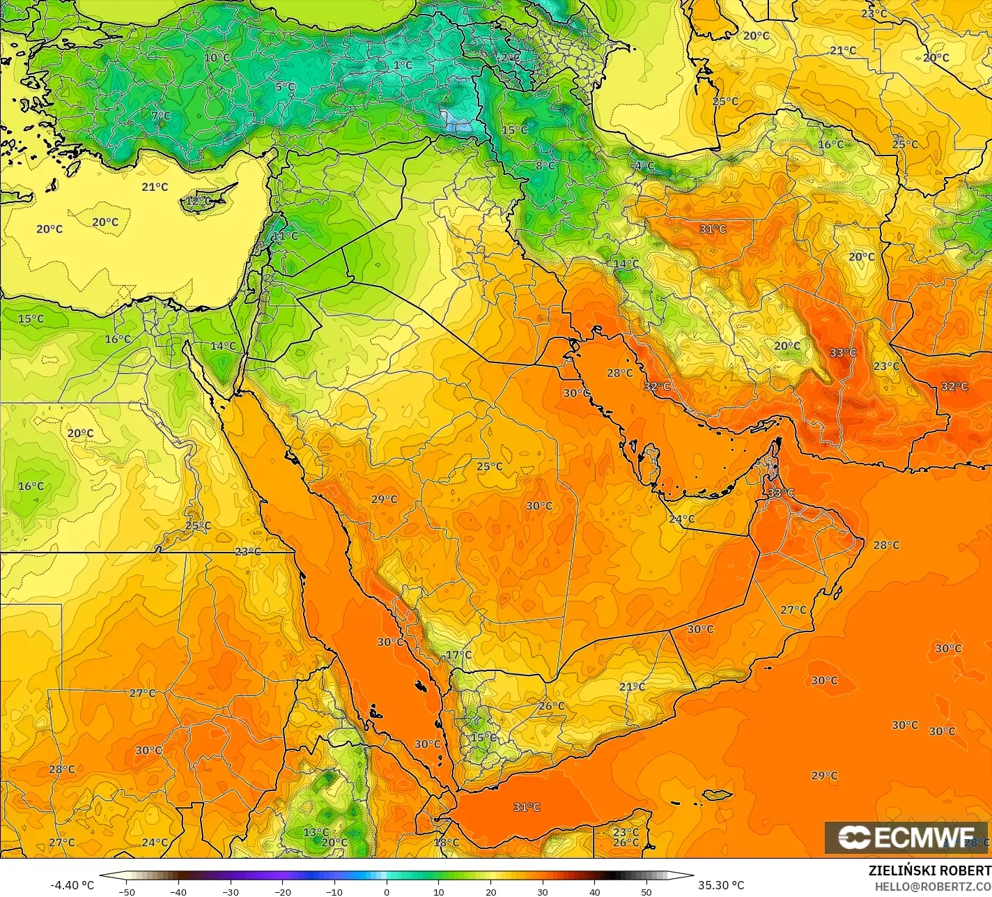 ECMWF IFS 0.25° model - Middle East, Temperature at 2m