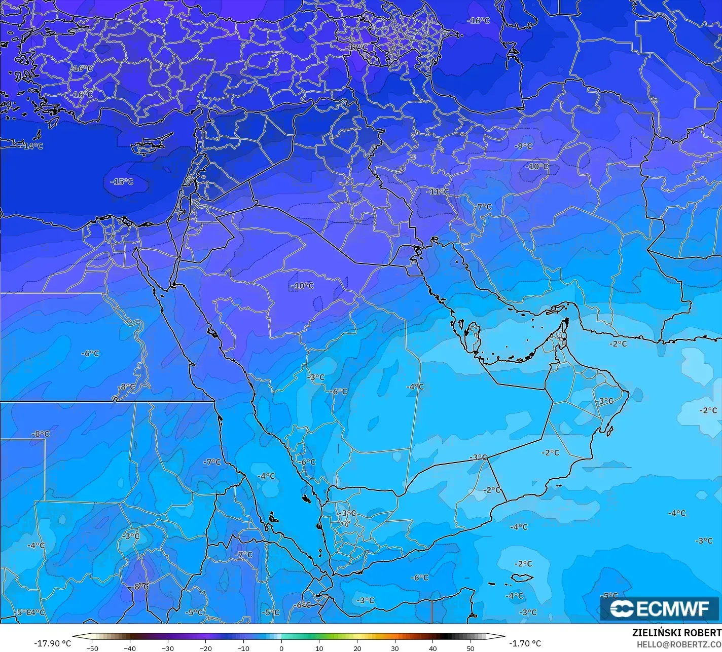 ECMWF IFS 0.25° model - Middle East, Temperature at 500hPa