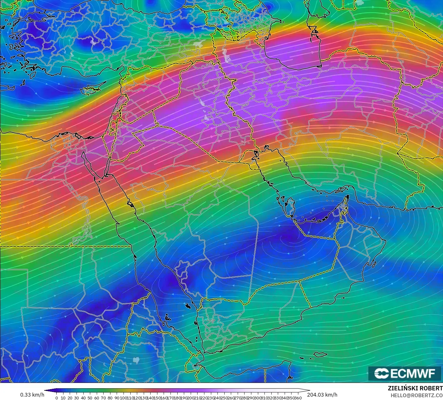 ECMWF IFS 0.25° model - Middle East, Wind at 300hPa (jet stream)