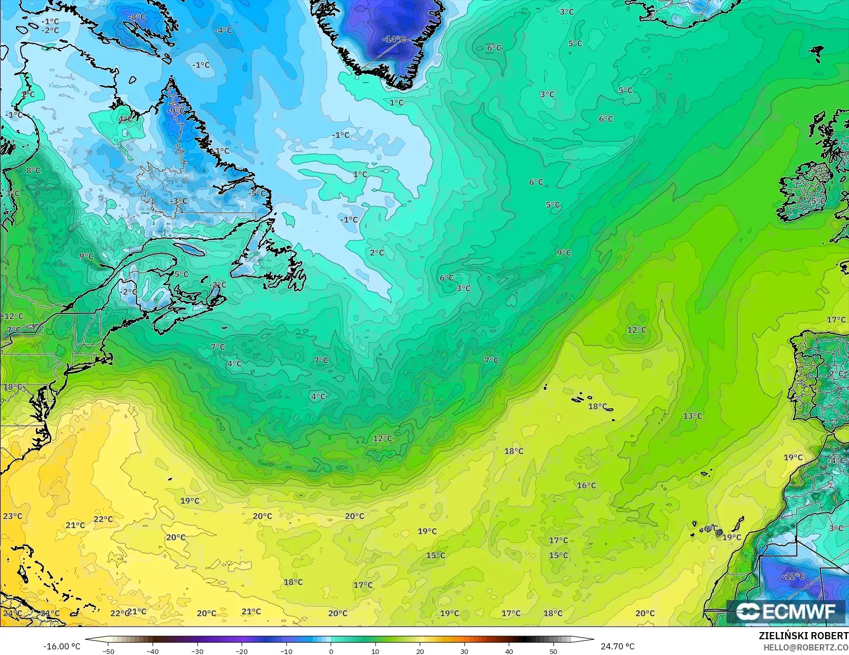 ECMWF IFS 0.25° model - North Atlantic, Dewpoint at 2m
