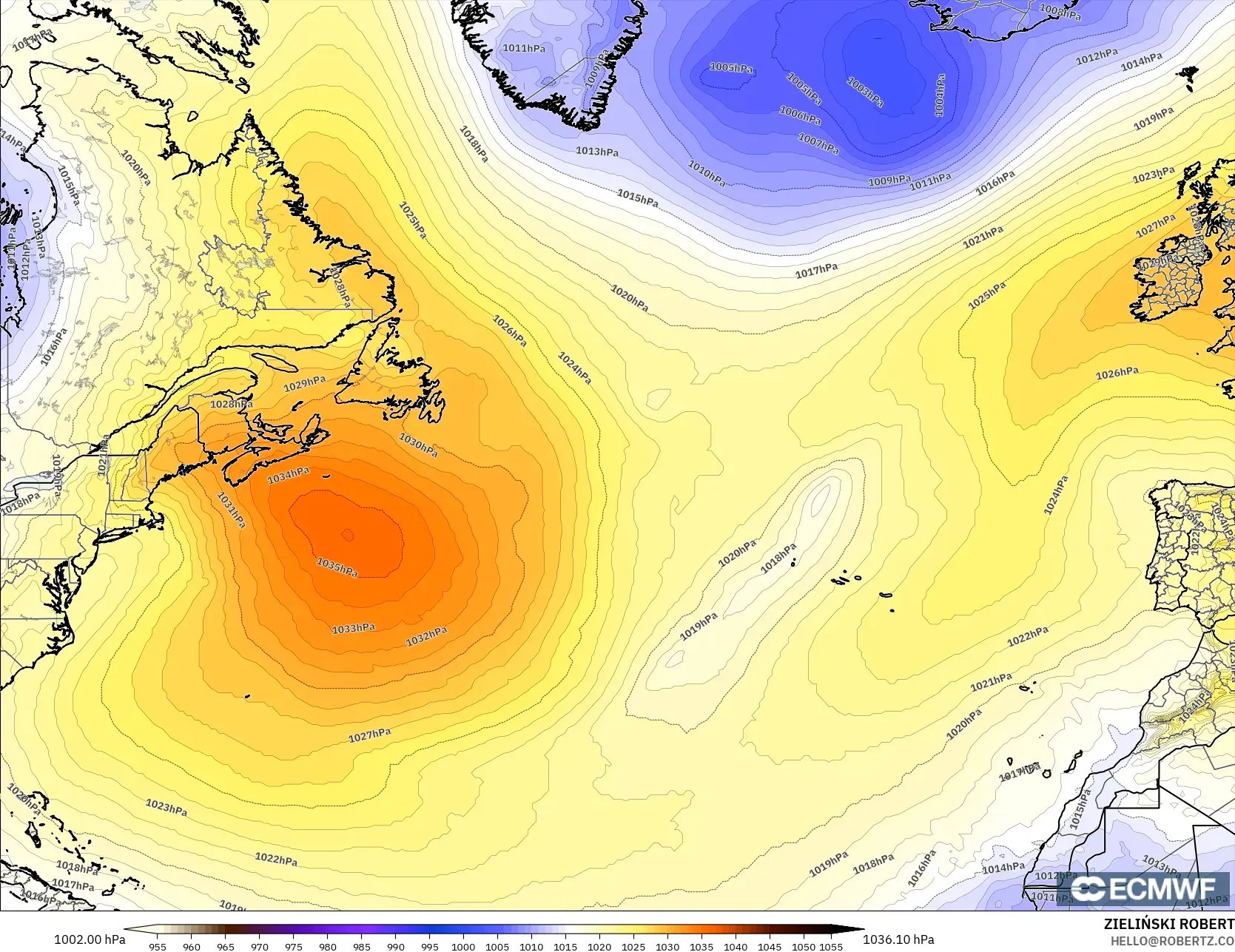ECMWF IFS 0.25° model - North Atlantic, Pressure