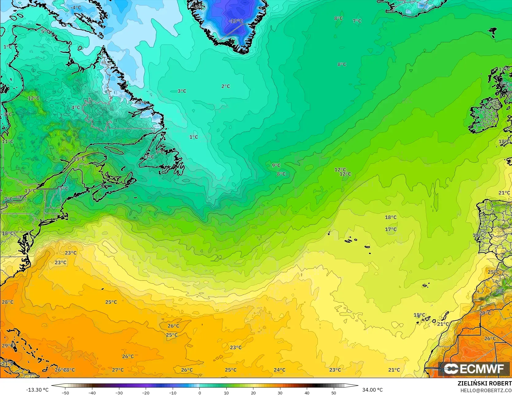 ECMWF IFS 0.25° model - North Atlantic, Temperature at 2m