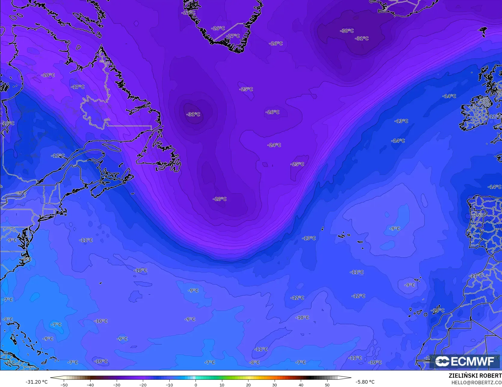 ECMWF IFS 0.25° model - North Atlantic, Temperature at 500hPa